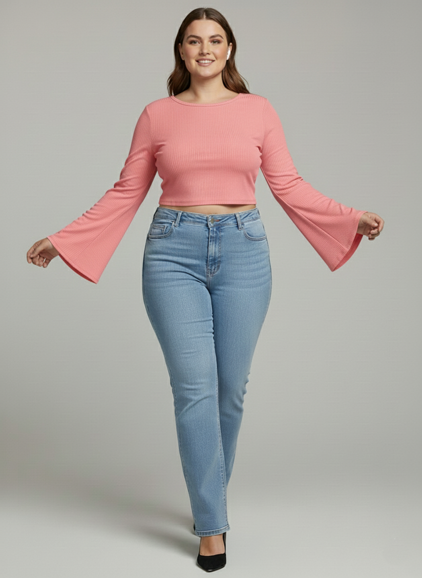 Premium Plus-Size Flared Sleeve Crop Top, Elegant Stretch Comfort Wear – Pink