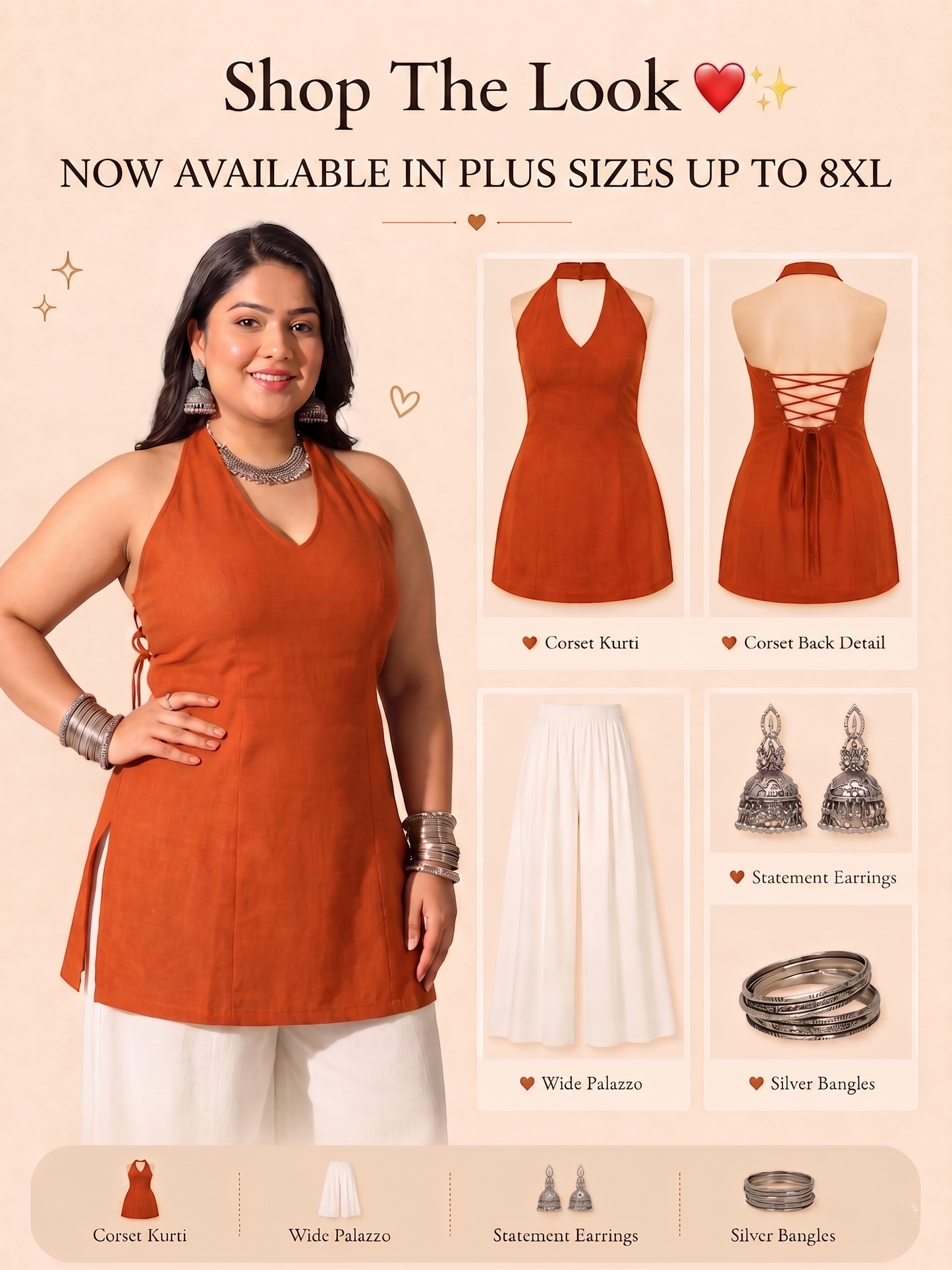 Pandabee Plus Size Halter Neck Corset Kurti for Women | Sleeveless A-Line Kurti | Sizes 2XL to 8XL (Rust orange -- kesariya)