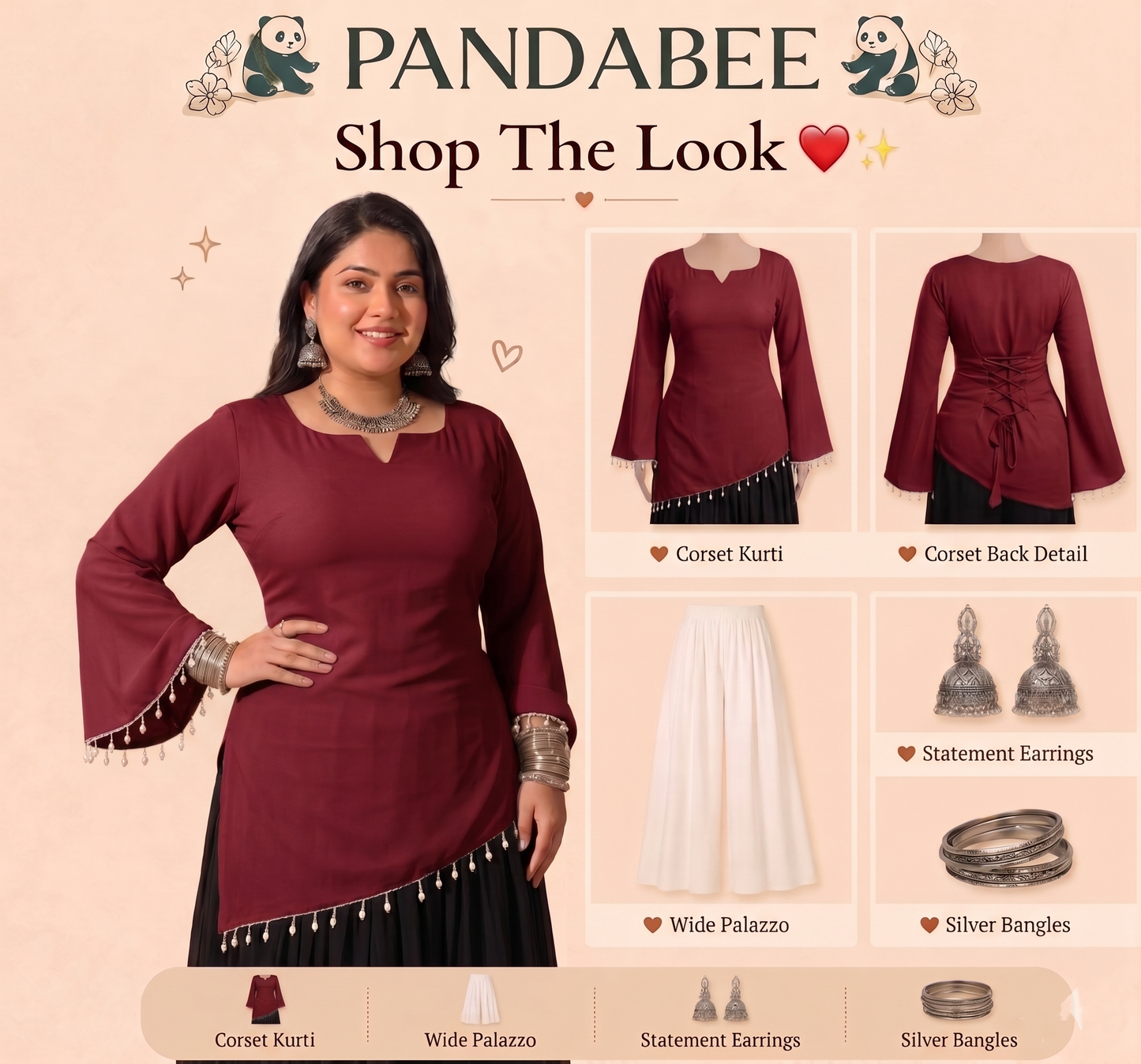 Premium Plus Size Pink Designer Kurti for Women | Pearl Tassel Bell Sleeve Kurti | Back Lace Detail Tunic Top | Stylish Party Wear Kurti for Curvy Women | 2XL-8XL | PandaBee  (Maroon -- Raktima)