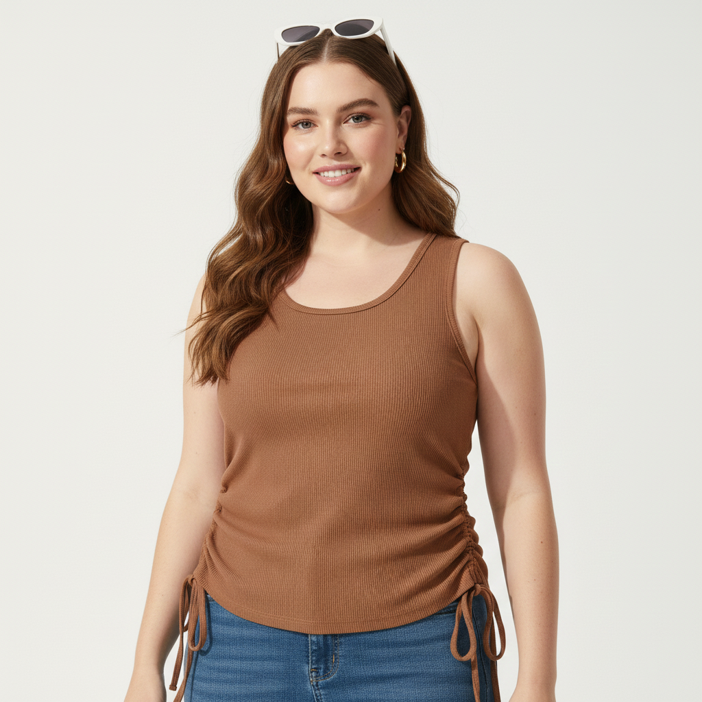 Pandabee Premium Plus Size Adjustable Length Ruched Side Tie Tank Top – Coffee brown