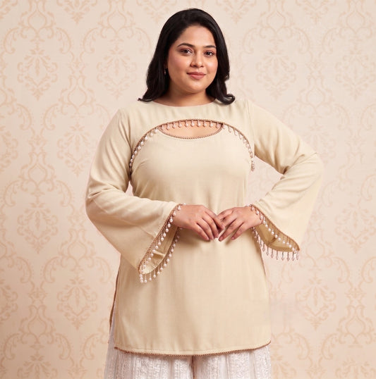 Panda Bee Premium Plus Size 2-in-1 Fashion Kurti for Women | Elegant Pearl Work Kurta Top | Stylish Ethnic Wear 2XL to 8XL (Off white -- Ivory)