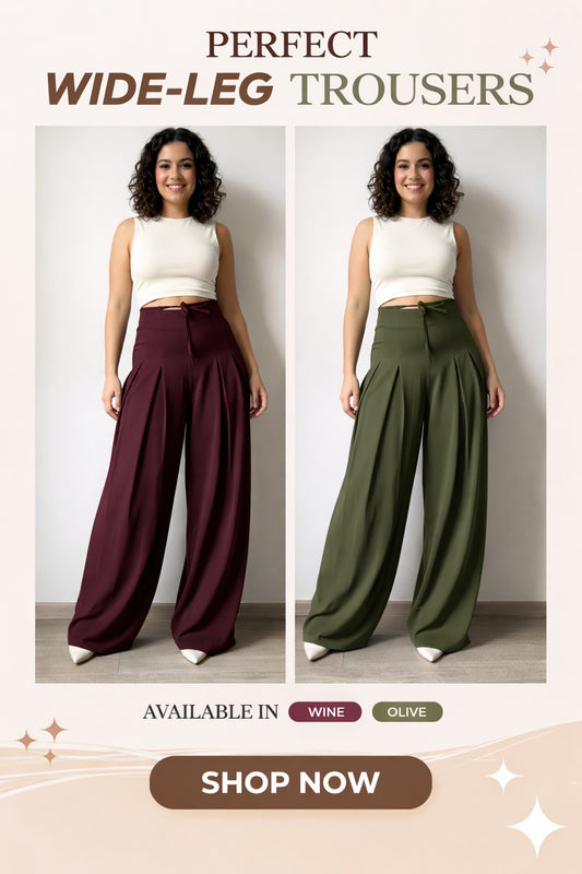 Save @300rs- Panda Bee Premium Plus Size Cinched Drawstring Wide-Leg Pants (Olive green & Wine)