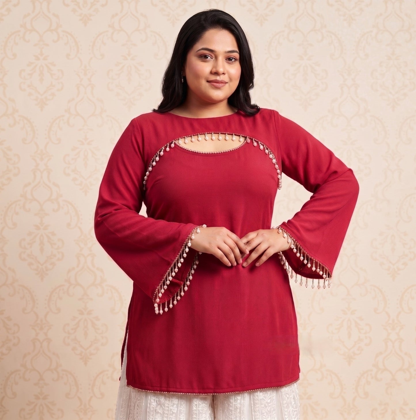 Panda Bee Premium Plus Size 2-in-1 Fashion Kurti for Women | Elegant Pearl Work Kurta Top | Stylish Ethnic Wear 2XL to 8XL (Red -- gulnaar)