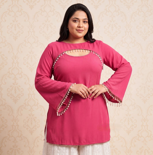 Panda Bee Premium Plus Size 2-in-1 Fashion Kurti for Women | Elegant Pearl Work Kurta Top | Stylish Ethnic Wear 2XL to 8XL (Pink -- gulabo)