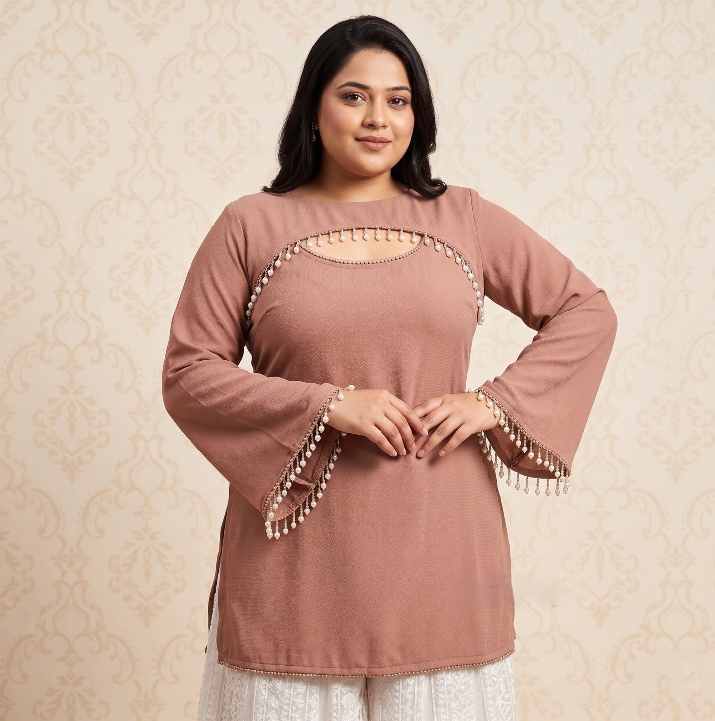 Panda Bee Premium Plus Size 2-in-1 Fashion Kurti for Women | Elegant Pearl Work Kurta Top | Stylish Ethnic Wear 2XL to 8XL (Nude pink -- Blush beauty)
