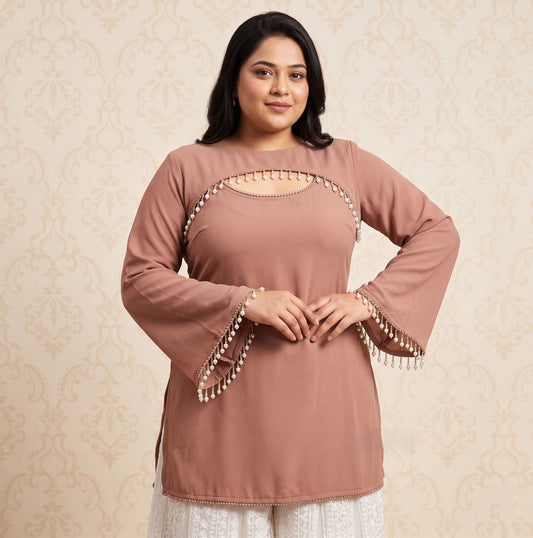 Panda Bee Premium Plus Size 2-in-1 Fashion Kurti for Women | Elegant Pearl Work Kurta Top | Stylish Ethnic Wear 2XL to 8XL (Nude pink -- Blush beauty)