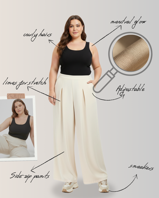 Panda Bee Premium Plus Size High-Waist Pleated Wide-Leg Office Pants with Side Zip (Cream)